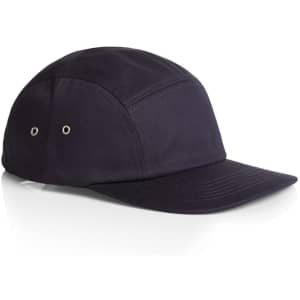 A navy five-panel cap featuring ventilation eyelets and a curved peak, designed for casual wear.