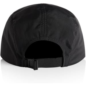 A black nylon cap featuring a simple design and adjustable strap in the back. It has a branding logo.
