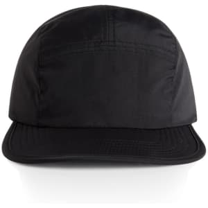 A black nylon cap with a structured front and a curved brim, featuring a logo on the side.
