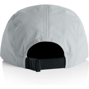 A light grey nylon cap with a black adjustable strap, featuring a logo on the back.