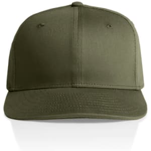An olive green cap with a flat brim and six-panel design, featuring a logo on the front.
