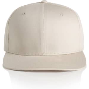 A beige cap with a flat brim and a logo on the front.
