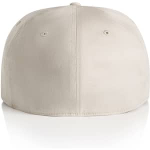 A beige cap featuring a smooth finish and a logo on the back.