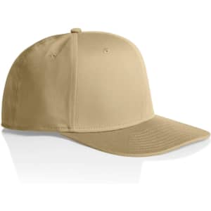 A beige Stock Flex Cap with a flat brim and an adjustable back, featuring a logo on the front.