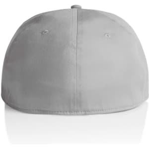 A grey cap with a rounded shape and a logo on the back.
