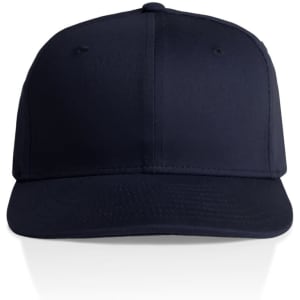 A navy blue cap with a structured design and a curved peak, featuring a logo on the front.
