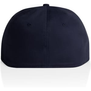 A navy cap featuring a rounded design and a back view, with a small logo present.