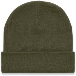 An olive green cuff beanie with a ribbed texture, featuring a folded brim. It includes a logo on the side.