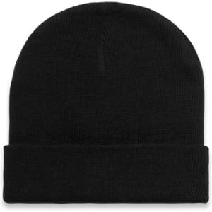 A black Cuff Beanie with a folded brim, featuring a logo on the front.