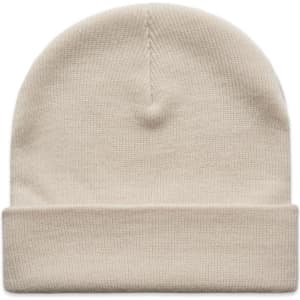 A cream-coloured cuff beanie with a simple, rolled cuff design and a logo.