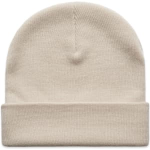 A beige cuff beanie with a folded brim and a seamless design. It features a branding logo.