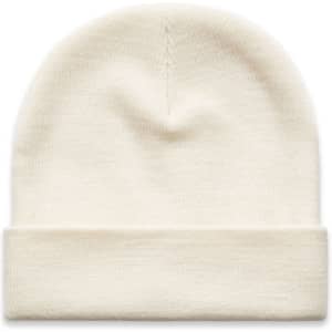 A cream-coloured cuff beanie featuring a folded brim and a simple design. It has a logo.