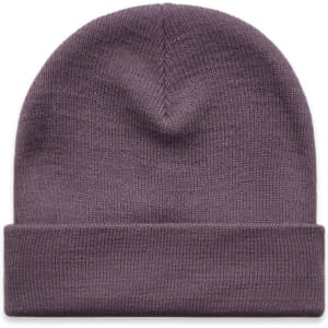 A purple cuff beanie featuring a snug fit and a rolled brim. It has a simple design with no visible logos.