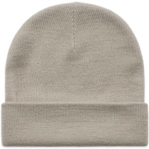 A grey cuff beanie with a folded brim, featuring a branded logo.