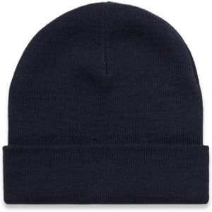 A dark navy cuff beanie with a simple design and a rolled hem. The beanie has a logo on it.