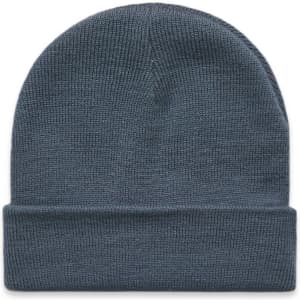 A cuff beanie in a dark grey hue, featuring a fold-over design and a subtle logo.