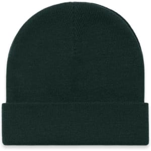 A dark green cuff beanie with a simple, textured design and a folded hem. It features a logo.