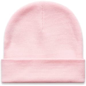 A pink Cuff Beanie with a folded cuff and a smooth texture. Features a subtle logo.