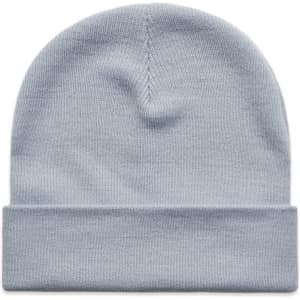 A light blue cuff beanie made from soft material, featuring a folded cuff and a simple design.