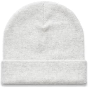 A grey cuff beanie with a folded brim, featuring a logo on the side.