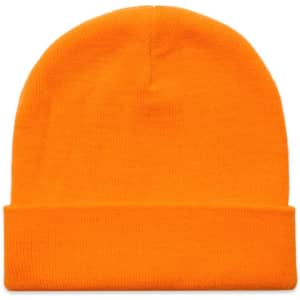 An orange beanie with a rolled cuff and a logo on it.