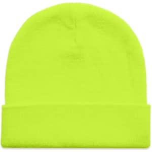 A bright neon yellow beanie featuring a fold-over cuff and a simple design, with a logo on the side.