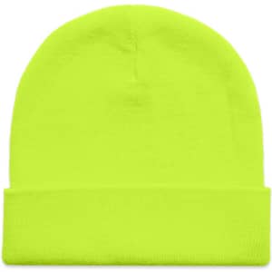 A bright yellow beanie with a folded cuff and a logo on the side.