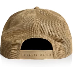 A beige trucker cap featuring a mesh back and an adjustable strap. It has a branding logo on the back.