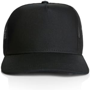 A black trucker cap featuring a solid front and mesh sides, designed for headwear. It includes a logo.