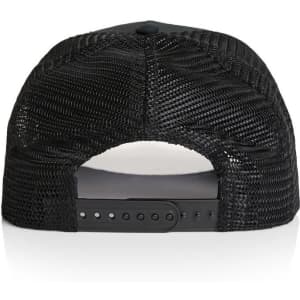 A black trucker cap featuring a mesh back and an adjustable strap. The cap has a logo on the back.