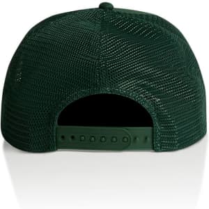 A green trucker cap featuring mesh detailing at the back and an adjustable snap closure.