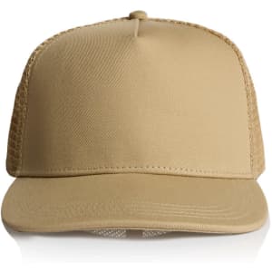 A beige trucker cap featuring a solid front and mesh back. It includes a logo on the front.