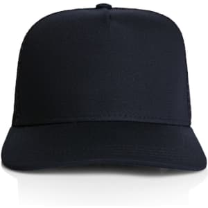 A black trucker cap with a structured front panel and mesh back, featuring a logo.