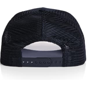 A black trucker cap with a mesh back and an adjustable strap, featuring a logo on the back.
