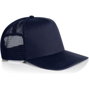 A navy trucker cap featuring a solid front and mesh back, with an adjustable strap and a logo.