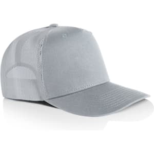A grey trucker cap featuring a solid front panel and mesh back. Includes a logo on the front.