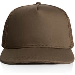 A brown trucker cap featuring a solid front panel and mesh sides, complete with a branding logo.