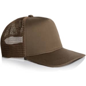 A brown trucker cap featuring a solid front and mesh back, complete with a logo on the front.