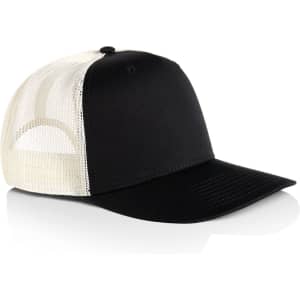 A black trucker cap with a mesh back and a solid black front. The cap features a logo on the front.