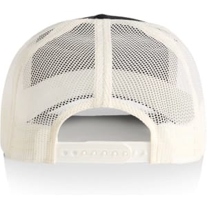 A black and white trucker cap with a mesh back and an adjustable strap at the rear. It features a logo.