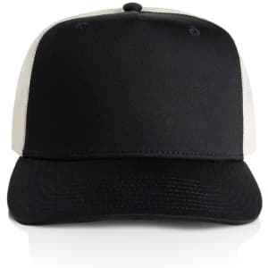 A black and cream trucker cap featuring a solid front panel and a mesh back, along with a branding logo.