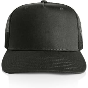 A black trucker cap with a solid front and mesh sides, featuring an adjustable strap at the back and a logo.