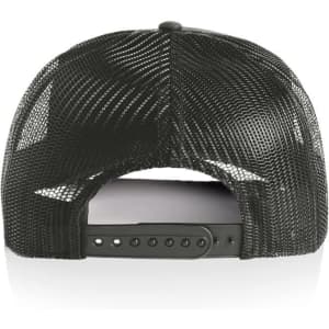 A black trucker cap with a mesh back and adjustable snap closure. The interior features a plain design.