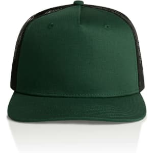 A green trucker cap with a solid front and mesh back, featuring a logo on the front.