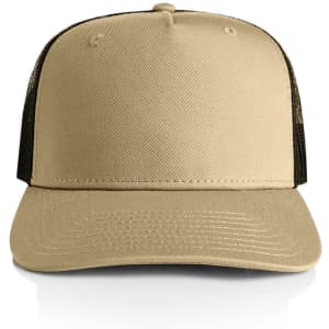 A beige trucker cap with a black mesh back and a structured front panel, featuring a logo on the front.