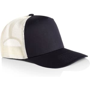 A black trucker cap with a cream mesh back and a curved visor, featuring a logo on the front.