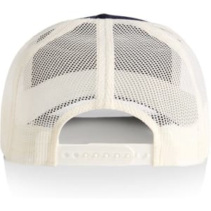 A trucker cap in navy and off-white with a mesh back and adjustable strap.