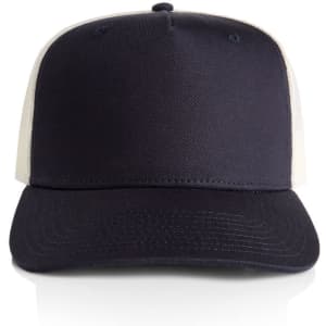 A navy and cream trucker cap featuring a mid-profile design and a logo.