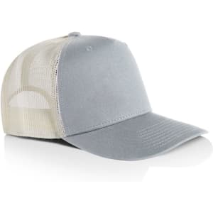 A grey and cream trucker cap featuring a structured front and mesh back, complete with a logo.
