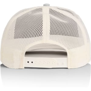 A trucker cap in white with a mesh back and an adjustable strap. Features a logo.
